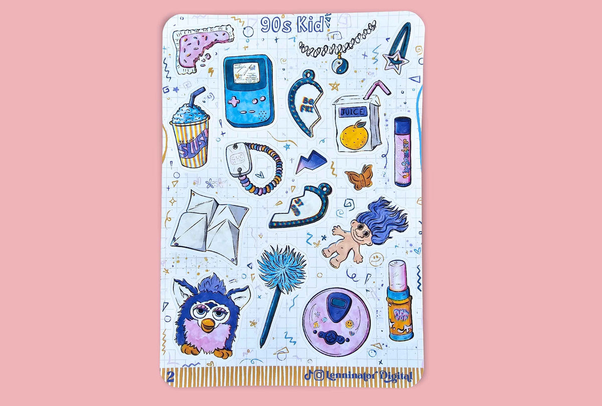 A rectangular sticker sheet featuring various 90s-themed doodles and illustrations on a white grid background, set against a solid pink backdrop.