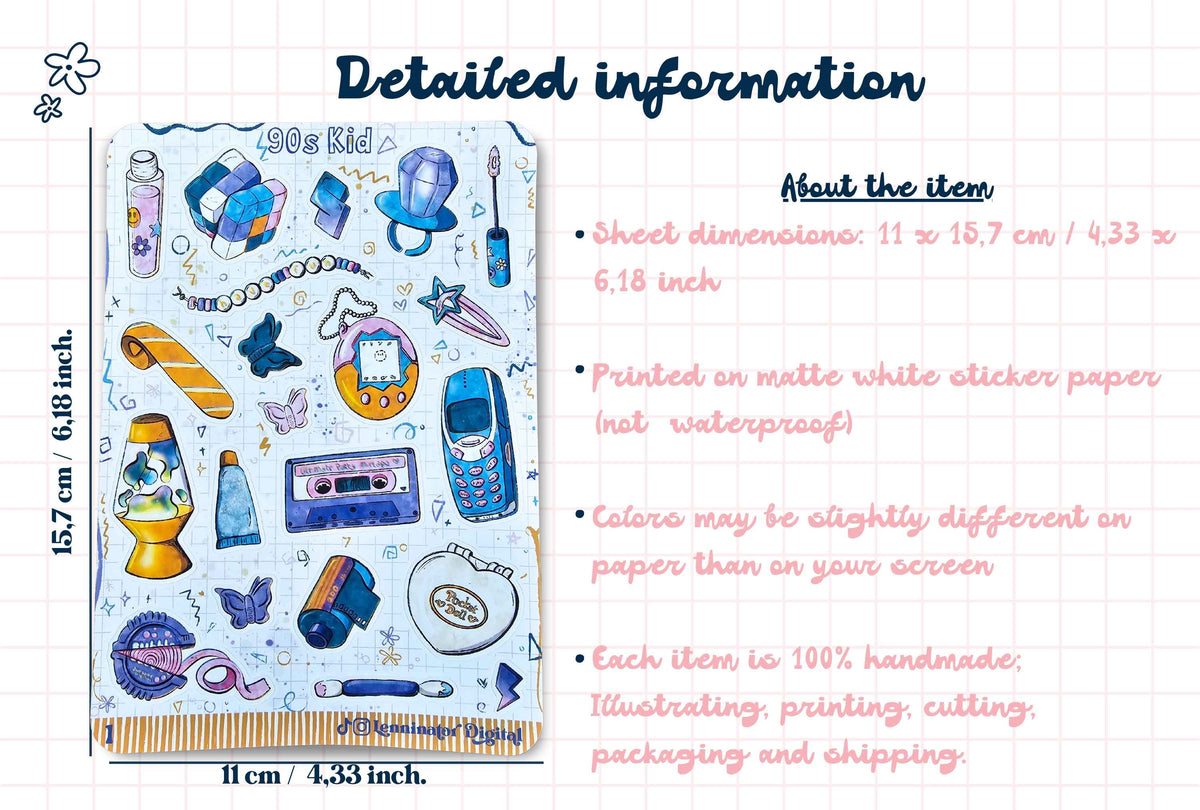 A product information graphic showing a sheet of 1980s-1990s nostalgia-themed stickers on a light blue patterned backing, with text detailing dimensions, material, and color variations. The sheet features illustrations of a cassette tape, retro phone, calculator, toy car, and other vintage items.