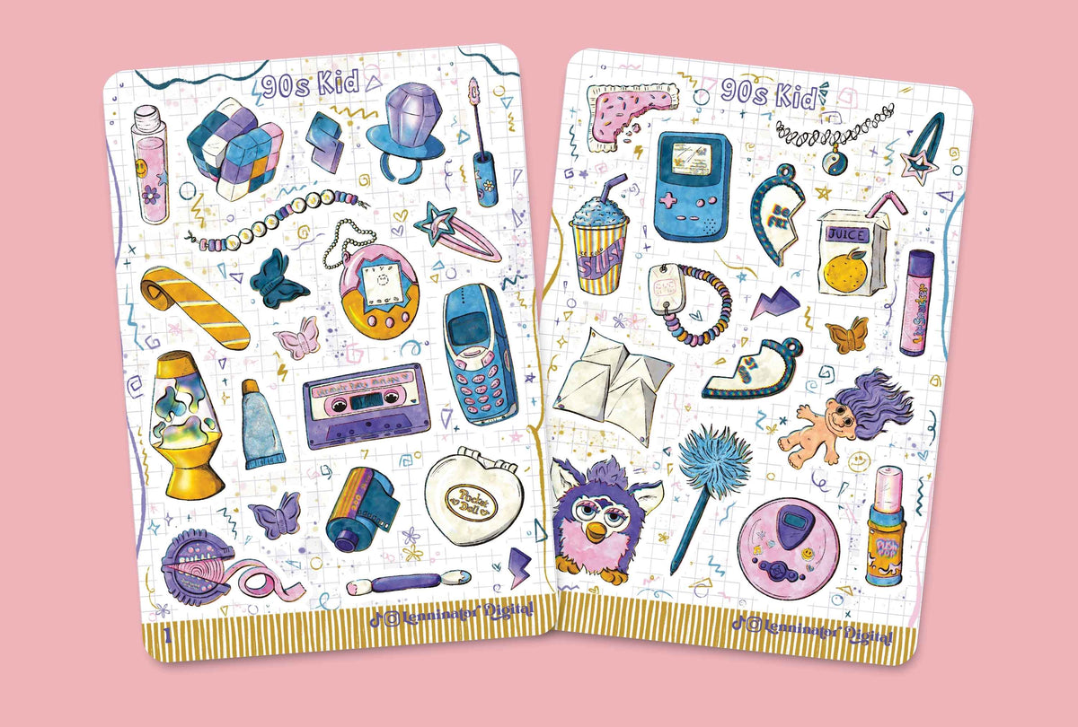 Two sheets of 90s-themed stickers displayed side-by-side on a solid pink background. The stickers feature various colorful retro icons including a cassette tape, toy car, toy phone, lava lamp, and cassette headphones, with '90s Kid' written at the top of each sheet.