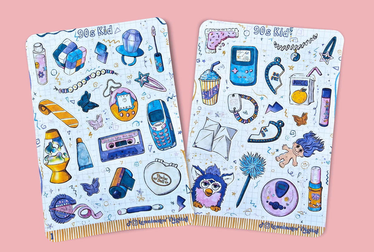 Two rectangular sticker sheets featuring 90s nostalgia illustrations, displayed against a solid pink background. The designs include items like a Rubik's cube, Game Boy, cassette tape, toy car, and Furby.