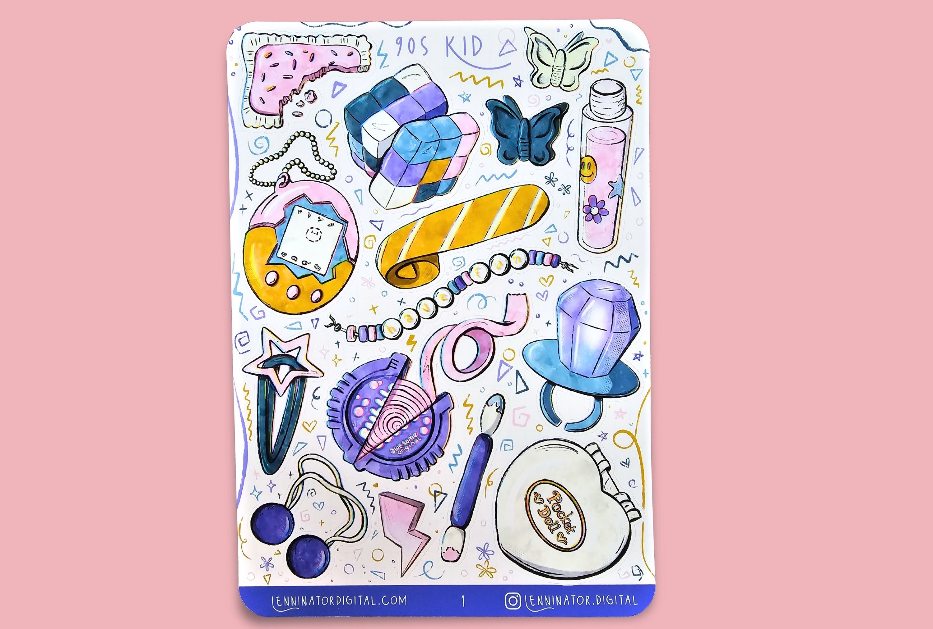 Sticker sheet with various colorful illustrations like tamagochi, rubiks cube, toys, friendship bracelet, candy and hairclips on a pink background