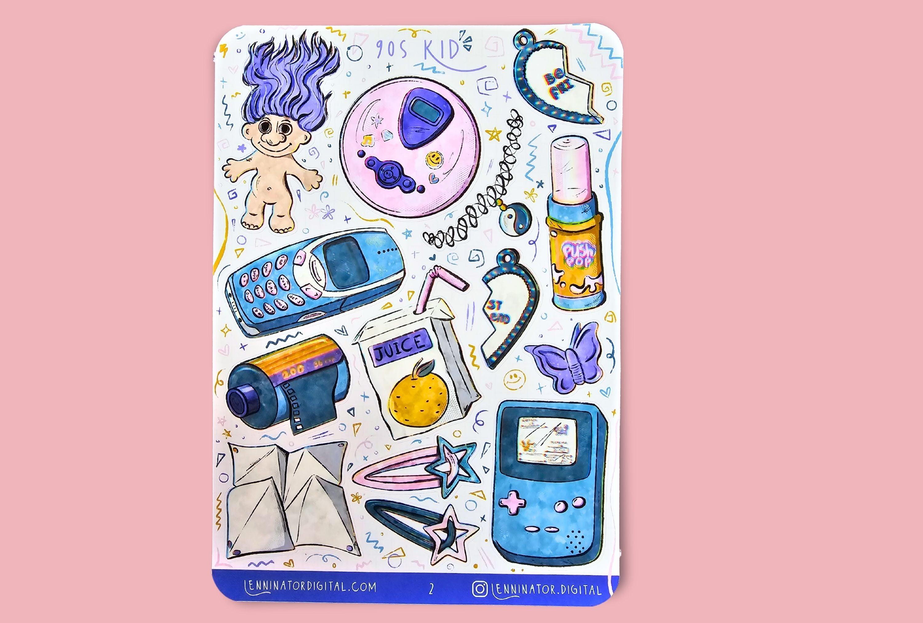 Sticker pack with colorful illustrations like discman, toys, accesoires, fiendship necklace, phone on a pink background