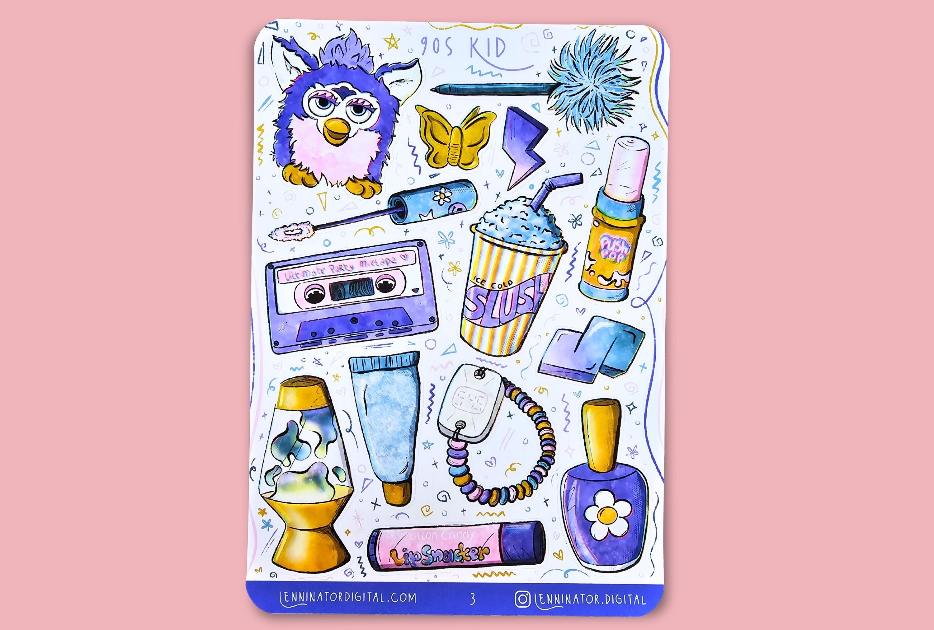 Sticker sheet with colorful illustrations like 90s toys, lava lamp, candy, make-up, slush, pen on a pink background