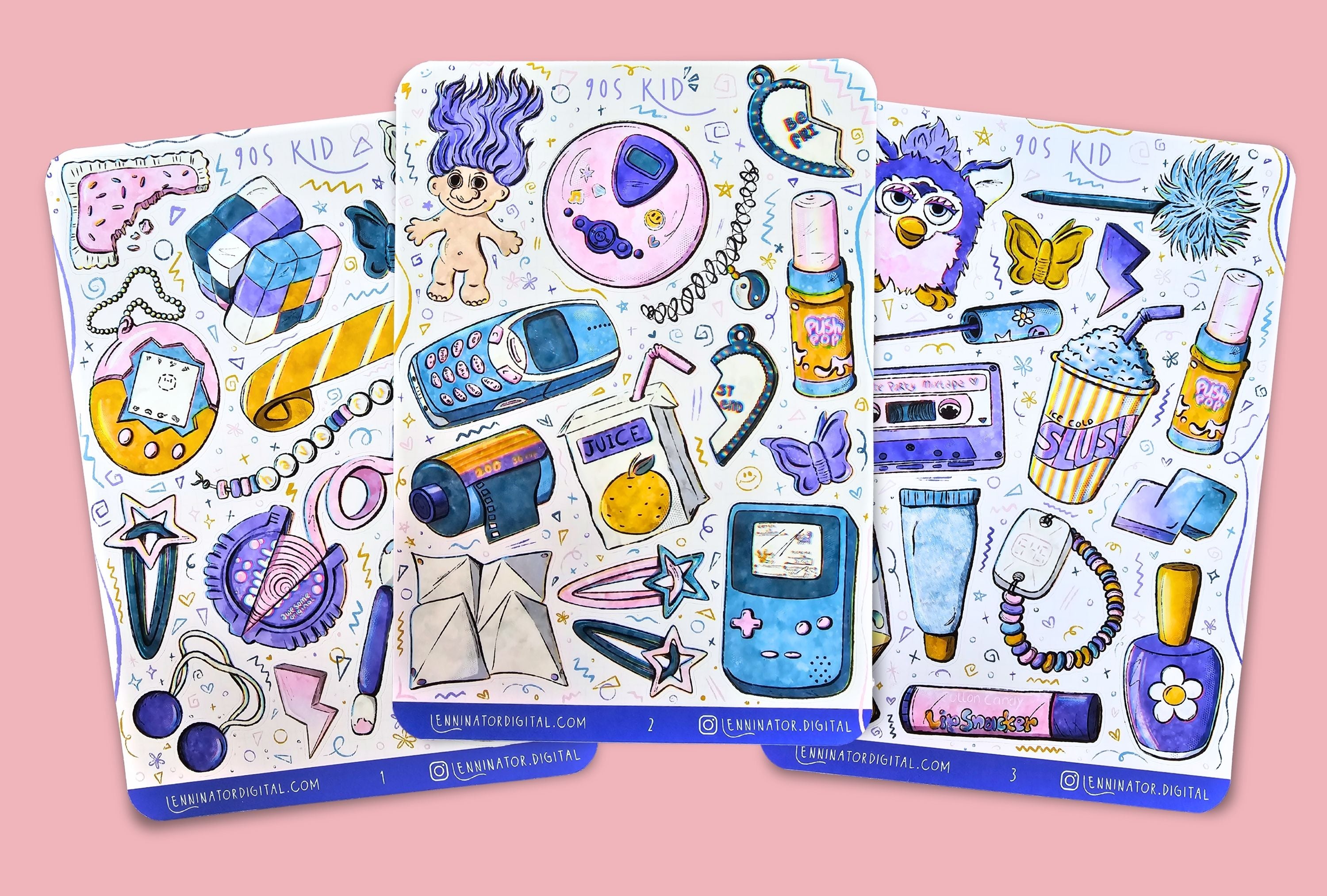 Sticker sheets with colorful nineties inspired illustrations on a pink background