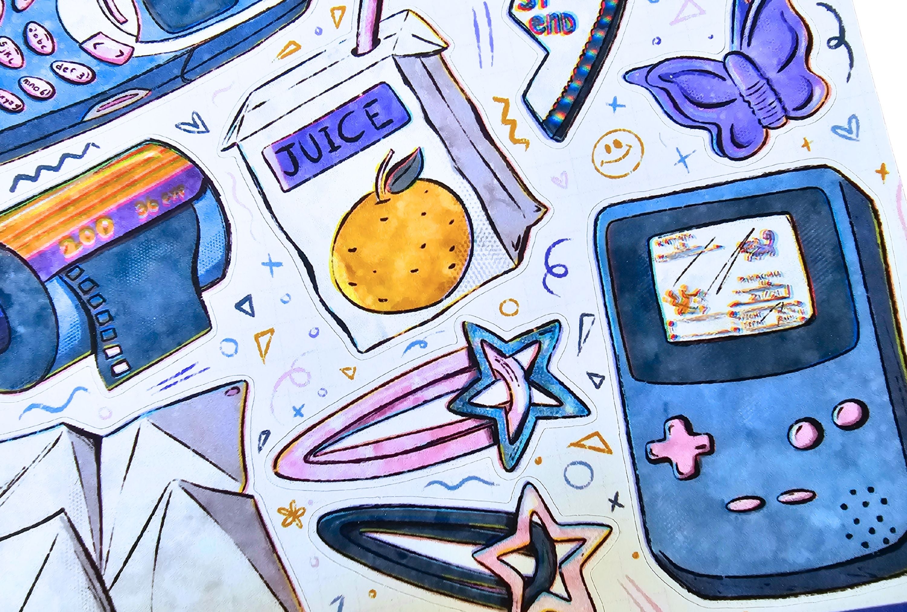 Colorful illustration of a gaming console, juice box, and hair accessories on a white background