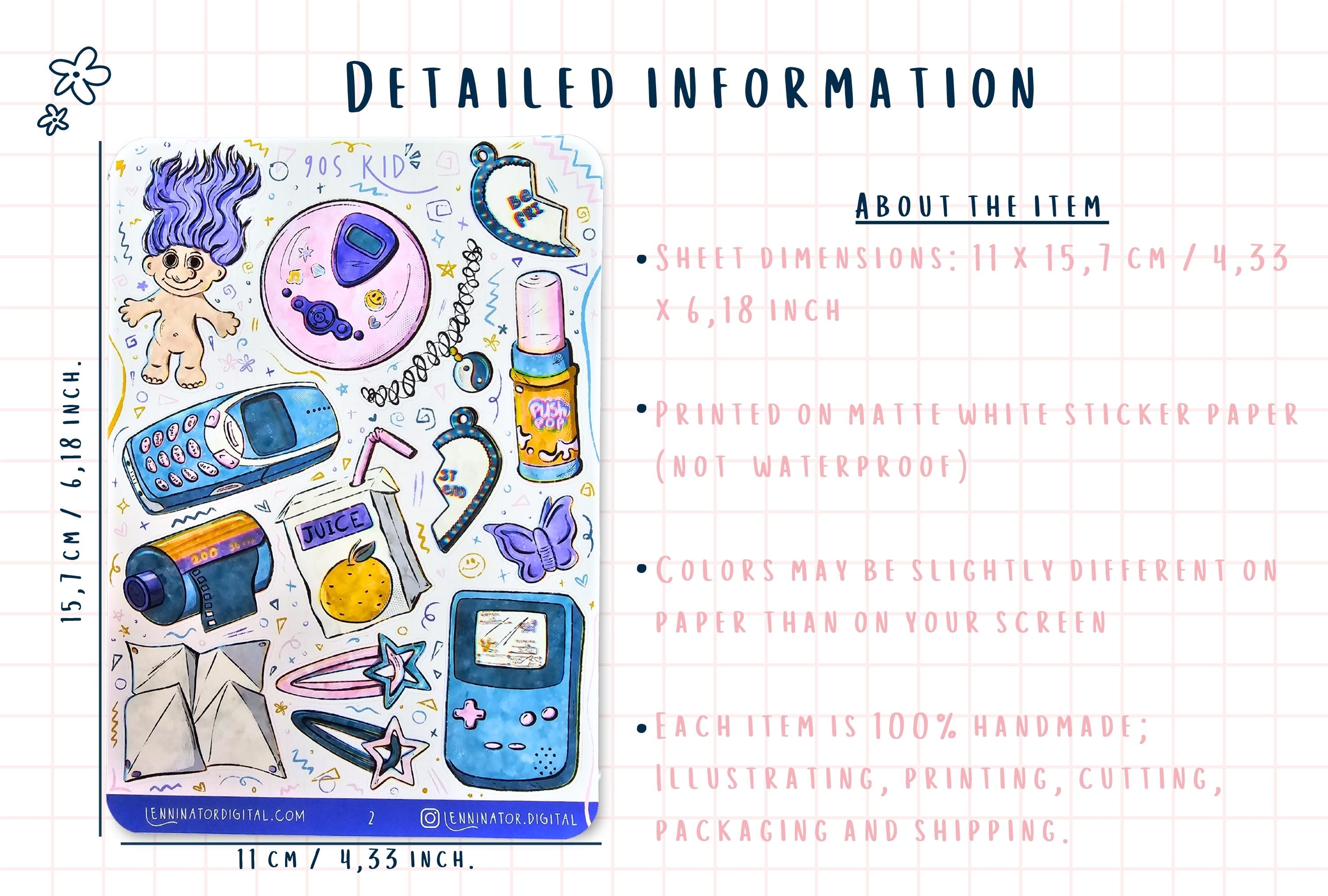 Sticker sheet with illustrations and product details on a white background