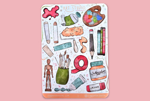 Sticker sheet with art supplies on a white background with flowers and art materials.
