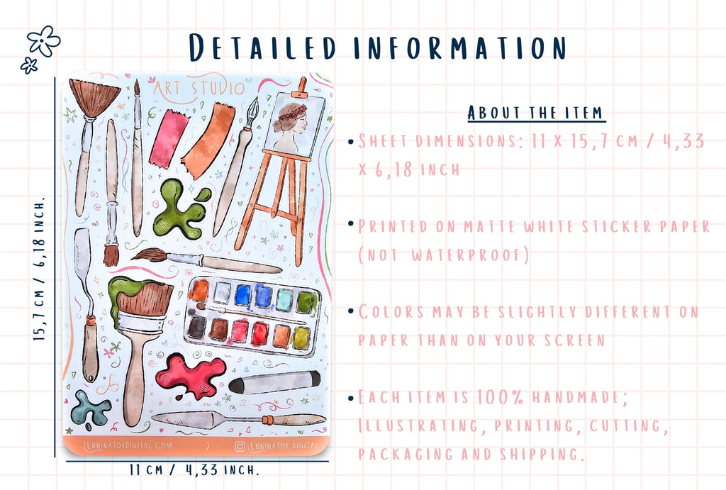 Sheet of art studio-themed stickers with dimensions and material information.