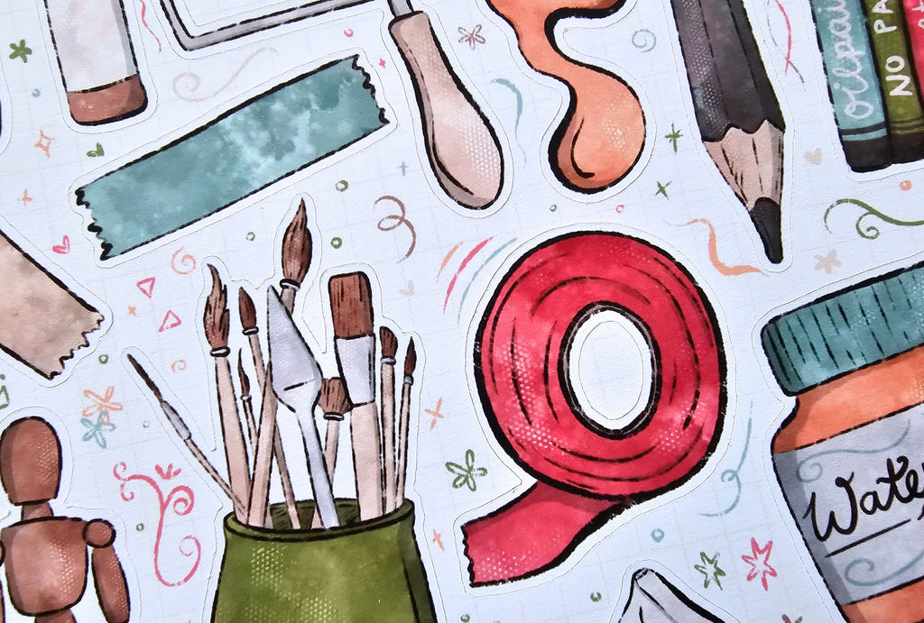 Illustrations of art supplies including paintbrushes, a pencil, and a jar of paint on a light background.