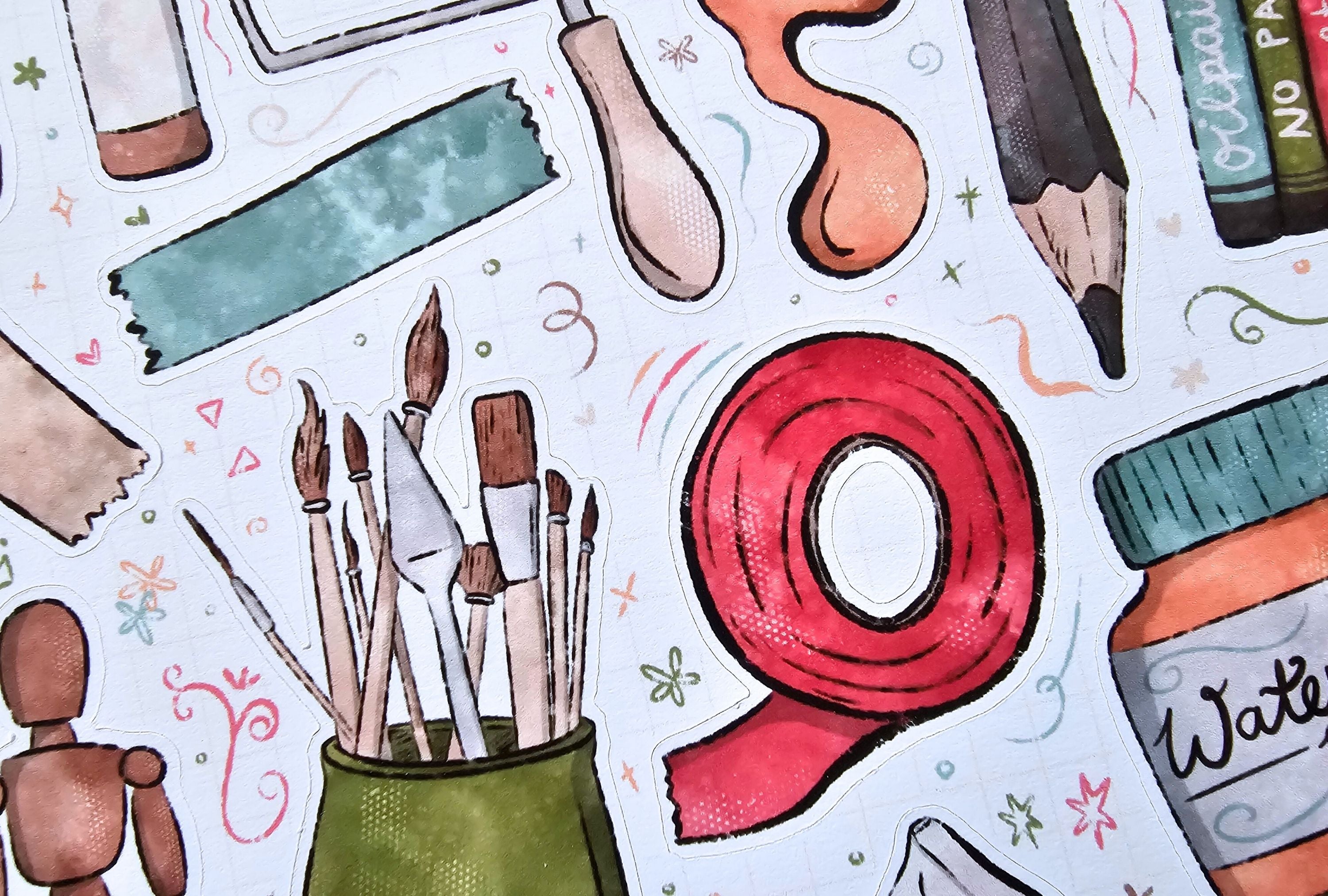Illustrations of art supplies including paintbrushes, a pencil, and a jar of paint on a light background.