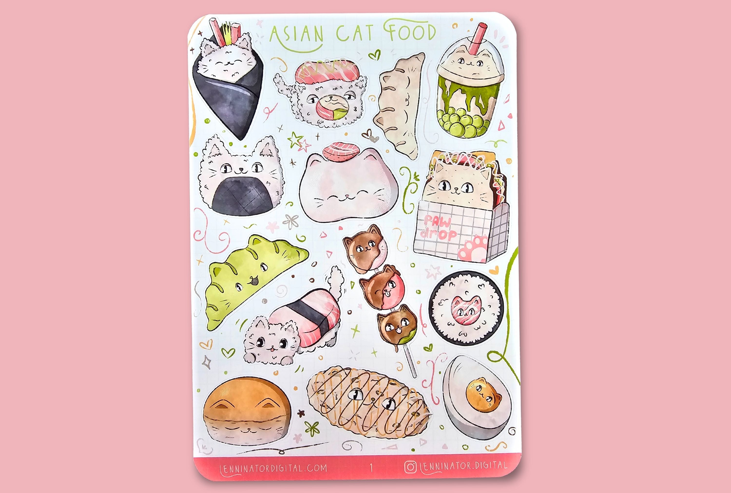 Sticker sheet with cat-themed illustrations on a wooden surface