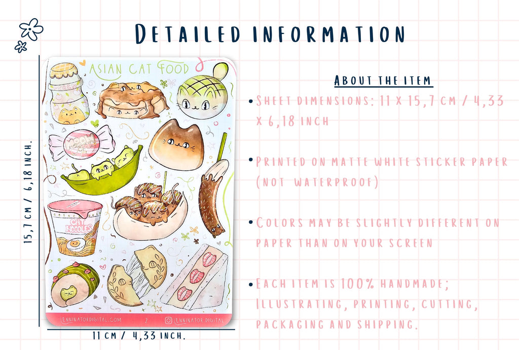 Sticker sheet with food illustrations and product details on a white background