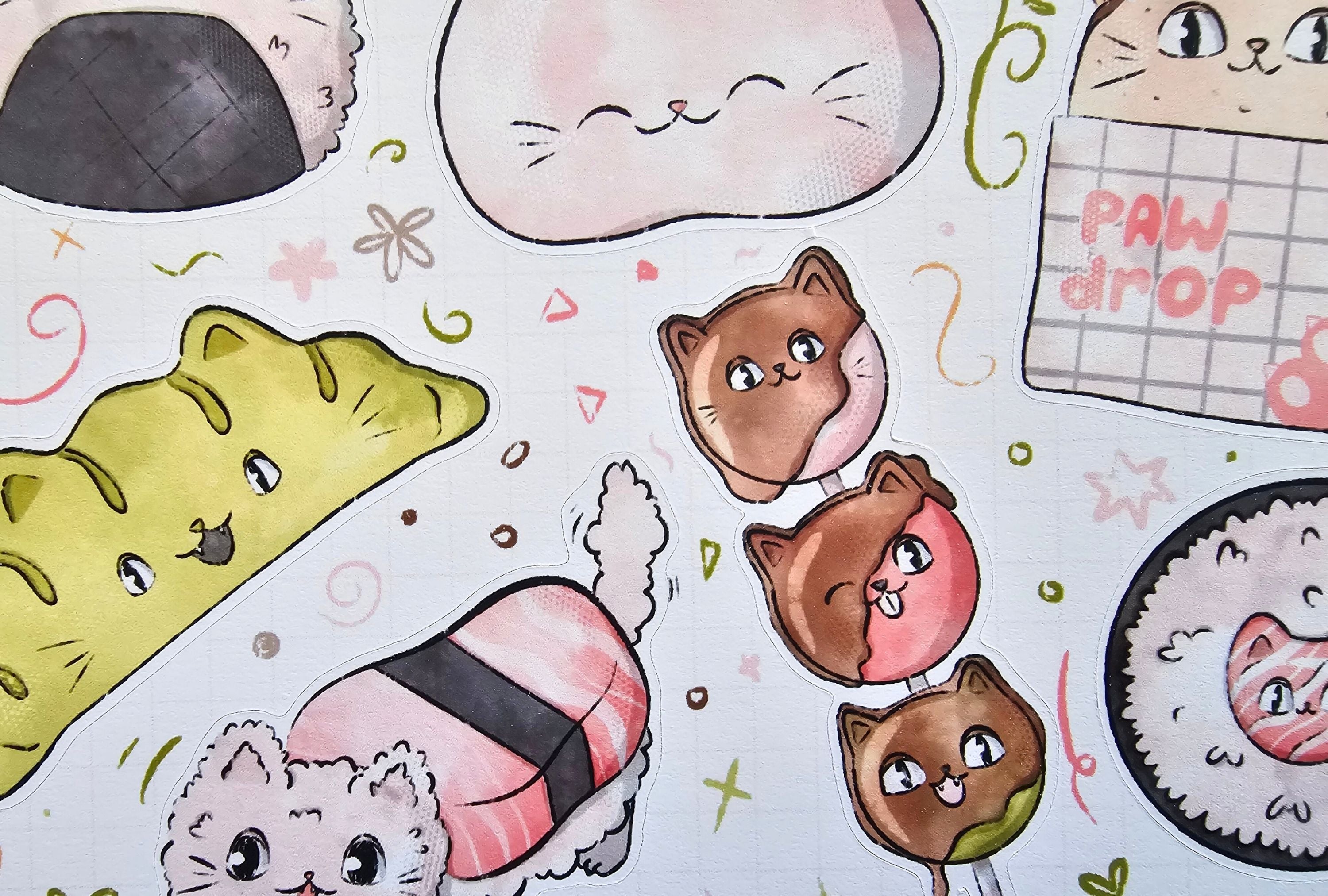 Illustrations of cats and cat-themed food items on a white background