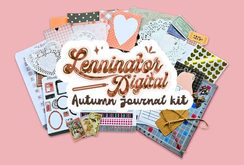 An autumn-themed journaling kit collage on a solid pink background, featuring various scrapbooking papers, stickers, tags, and a central white label with the text 'Lenninator Digital Autumn journal kit' in metallic copper lettering.