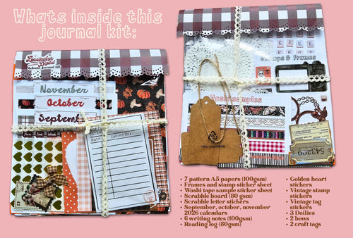 A journaling kit displayed in two decorated pages on a pink background, with text reading 'What's inside this journal kit:' and a list of included items below. The kit contains patterned papers, stickers, a scrapbook board, writing notes, a reading log, ribbon, and embellishments.