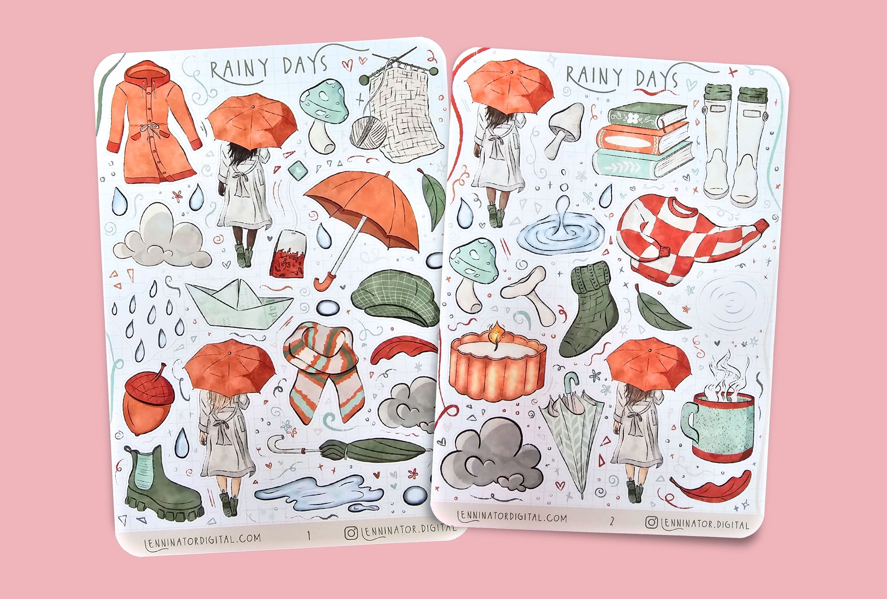 Rainy day sticker sheet set. Orange, Beige, Green, Teal stickers for autumn journals. Illustrations of fall essentials, rain boots, cosy activities, sweater, books, steamy mugs, umbrella's, falling leafs, mushrooms, coat, tea, rain, puddles and more.