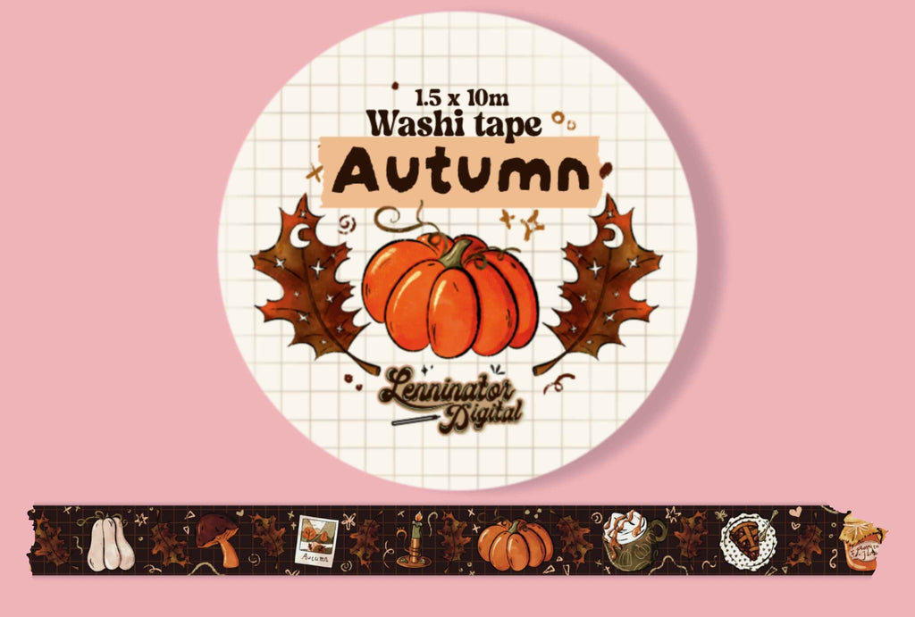 Autumn-themed washi tape roll with a circular label showing an orange pumpkin, brown leaves, and the text 'L5 x 10m Washi tape Autumn Washi'. A strip of the tape is displayed below on a solid pink background.