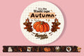 Autumn-themed washi tape roll with a circular label showing an orange pumpkin, brown leaves, and the text 'L5 x 10m Washi tape Autumn Washi'. A strip of the tape is displayed below on a solid pink background.