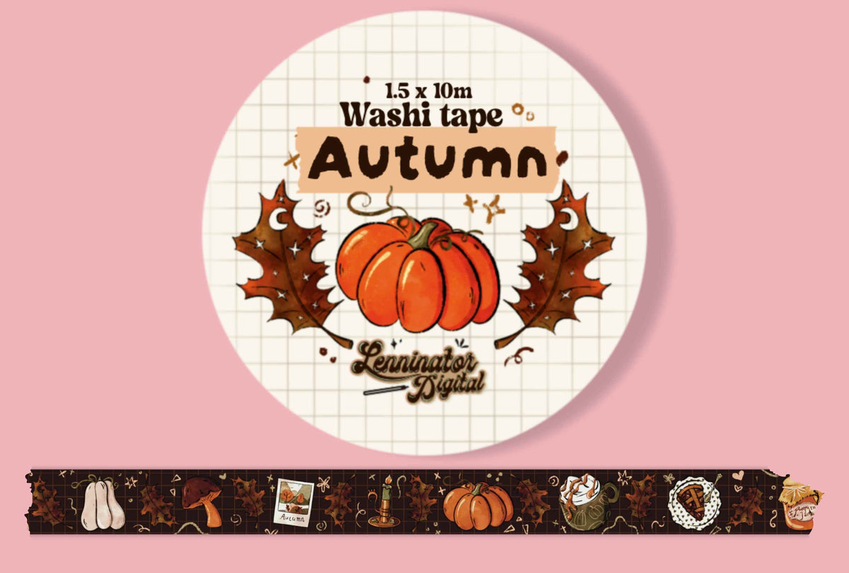 Autumn-themed washi tape roll with a circular label showing an orange pumpkin, brown leaves, and the text 'L5 x 10m Washi tape Autumn Washi'. A strip of the tape is displayed below on a solid pink background.