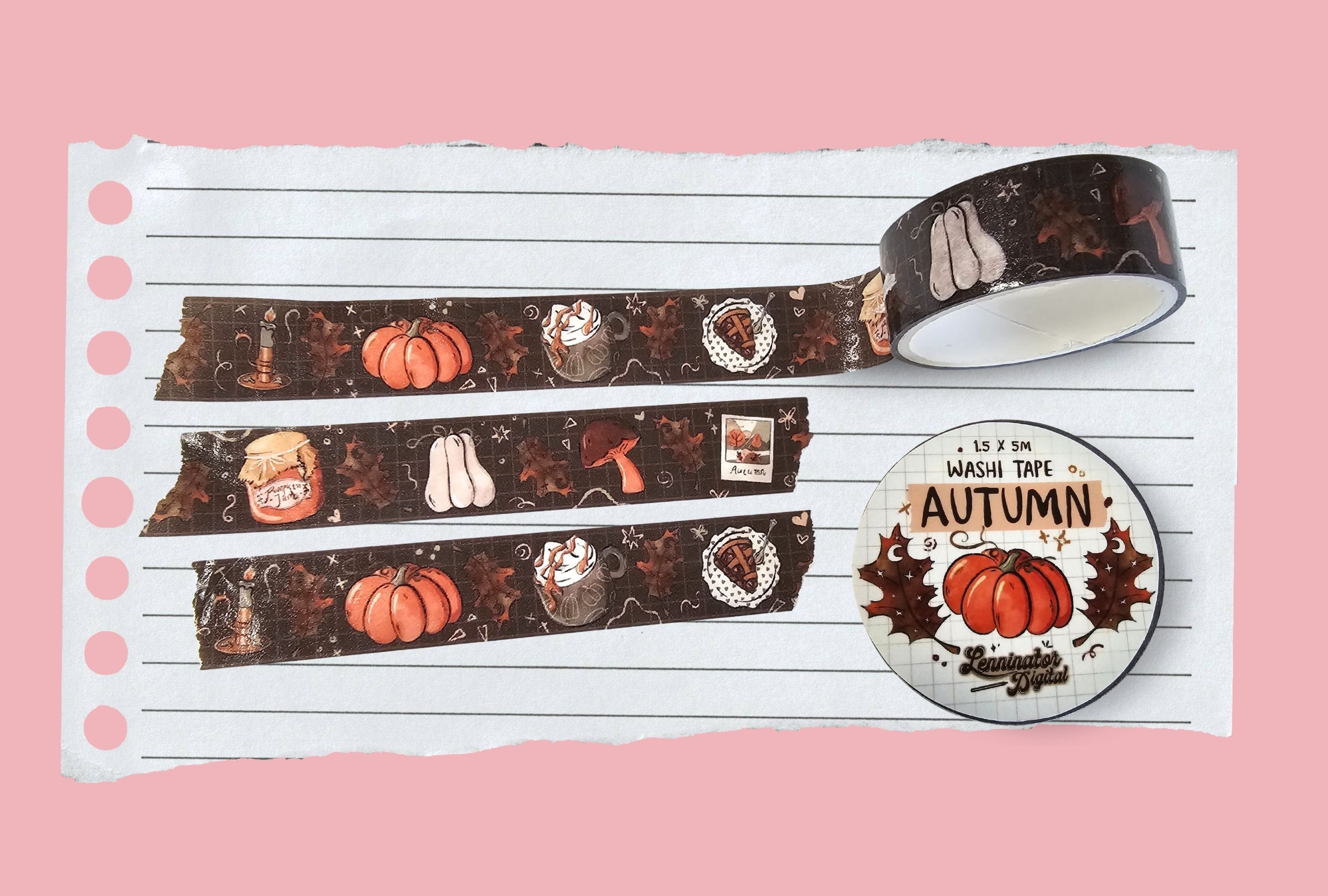 Brown autumn themed washi tape with illustrations of a candle, pumpkin, pie, jam, hot chocolate with cream