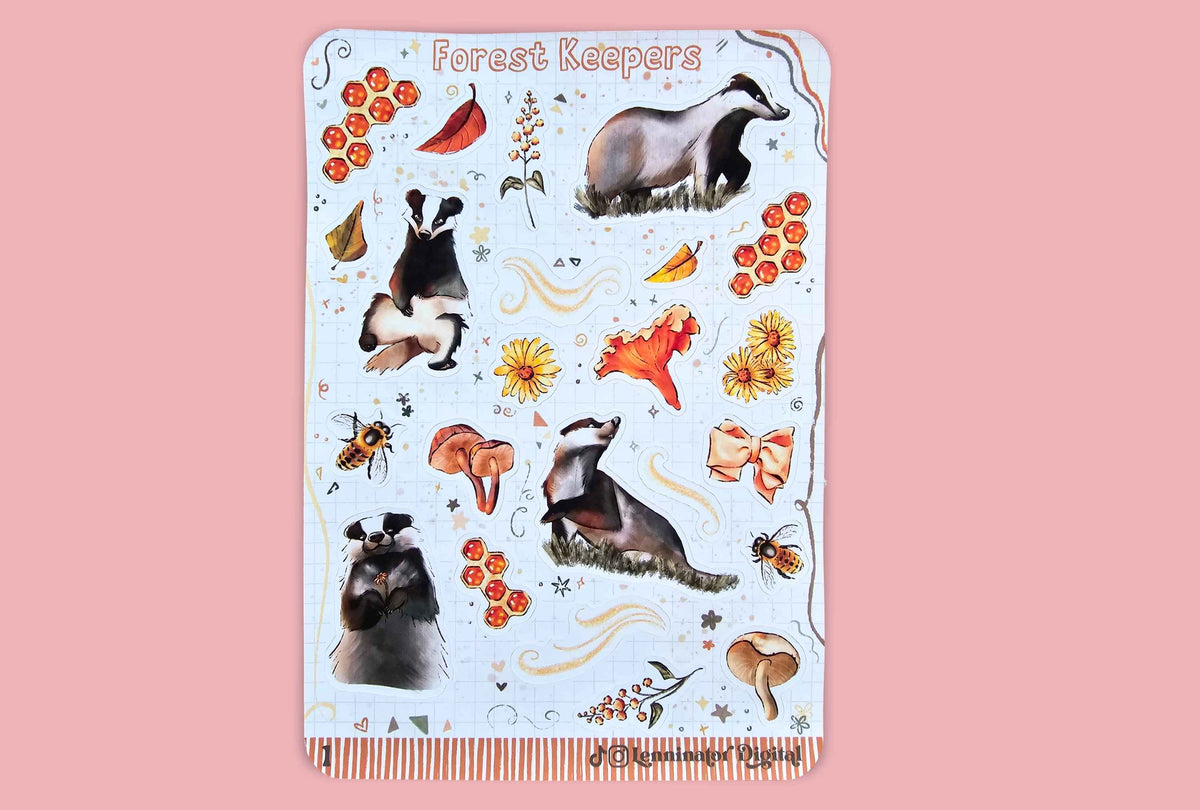 A rectangular sticker sheet featuring a whimsical 'Forest Keepers' design with badgers, honeycombs and bees on a pale blue background. The pattern includes illustrations of badgers, mushrooms, flowers, bees, and leaves.