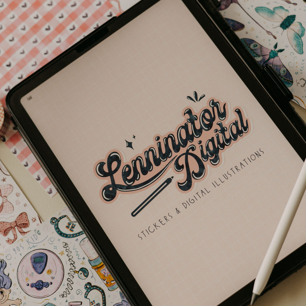 Tablet with a stylus on a colorful background with illustrations