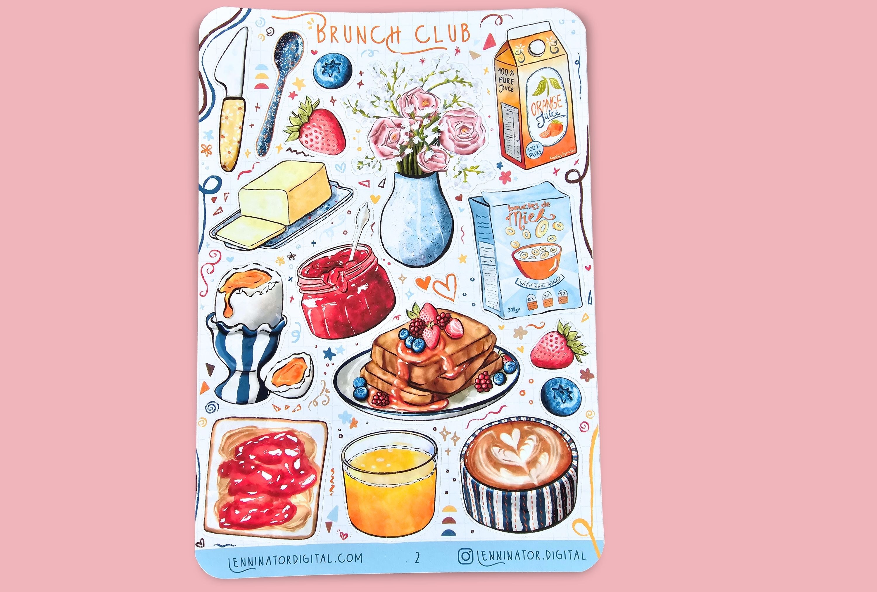 Sticker sheet with illustrations of brunch items on a pink background