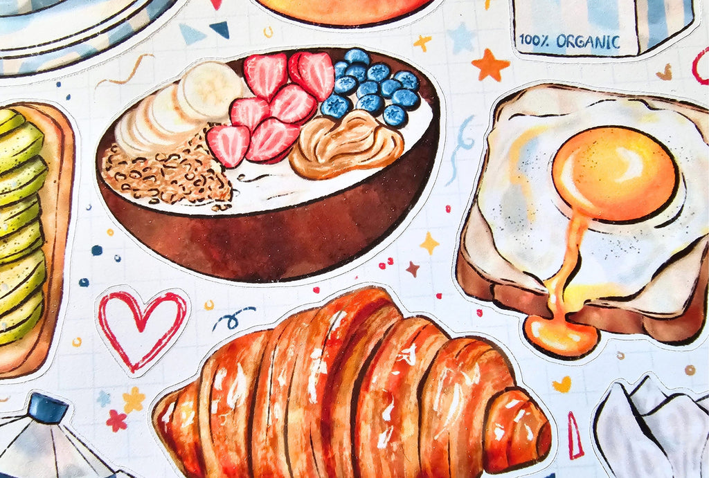 Illustrations of a bowl of cereal, toast with an egg, and a croissant on a colorful background.
