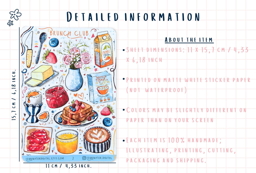 Sticker sheet with illustrations of a brunch scene and product details on a white background.