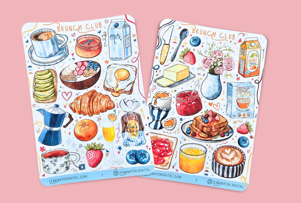 Two sticker sheets with illustrations of breakfast items on a pink background