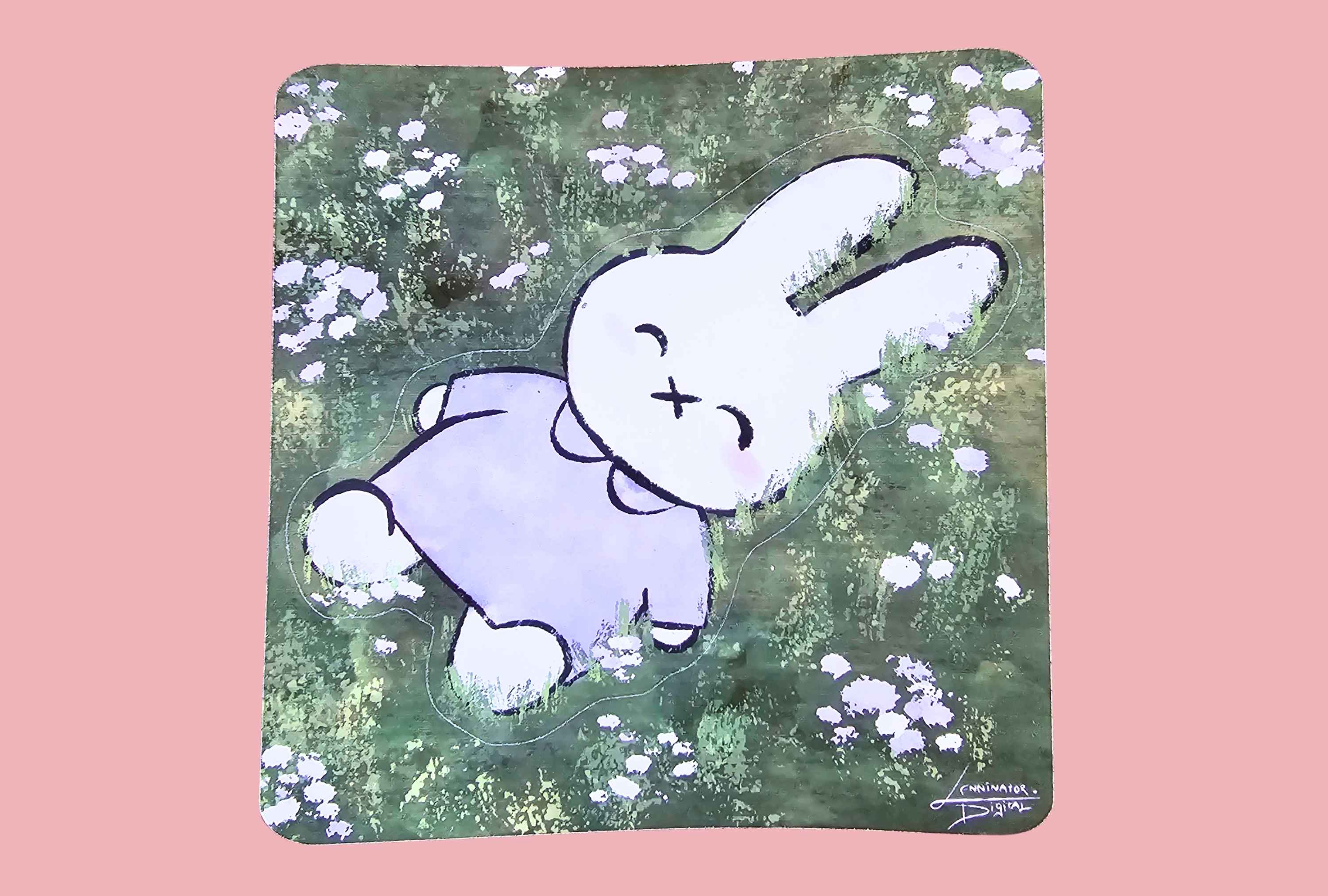 A square art print featuring a white cartoon bunny in a lavender dress lying on a green floral field, displayed against a solid pink background.