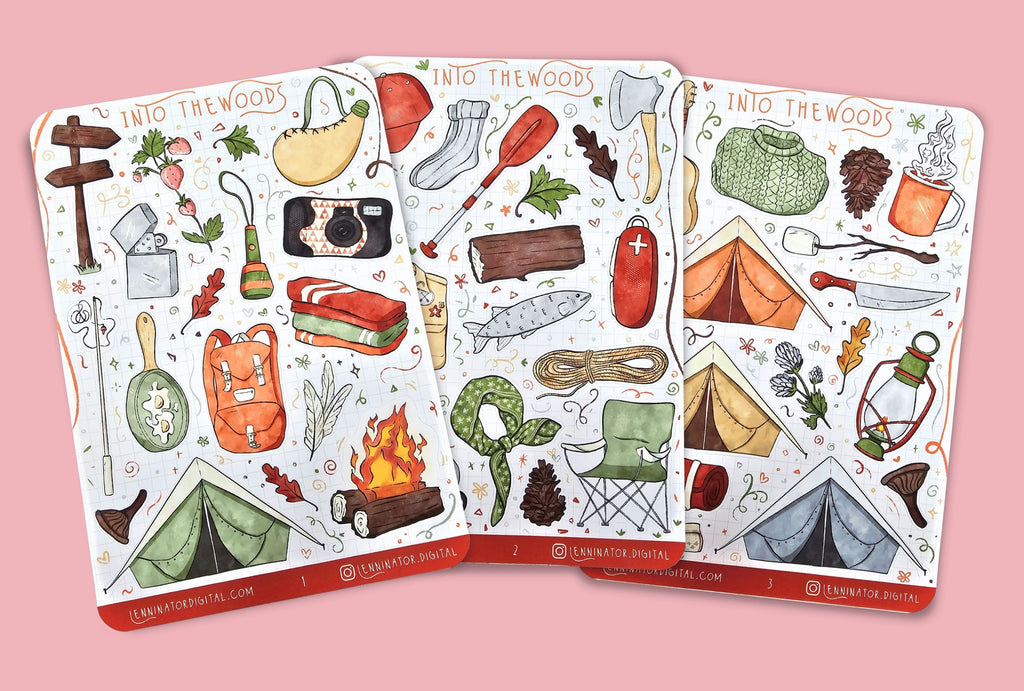Set of three camping themed sticker sheets with illustrations of survival gear, tents, fire, forest elements and scouts equipment in orange, green and blue