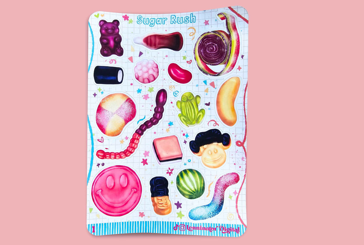 A colorful sticker sheet titled 'Sugar Rush' featuring various whimsical candy and dessert illustrations on a white grid background, set against a solid pink backdrop.