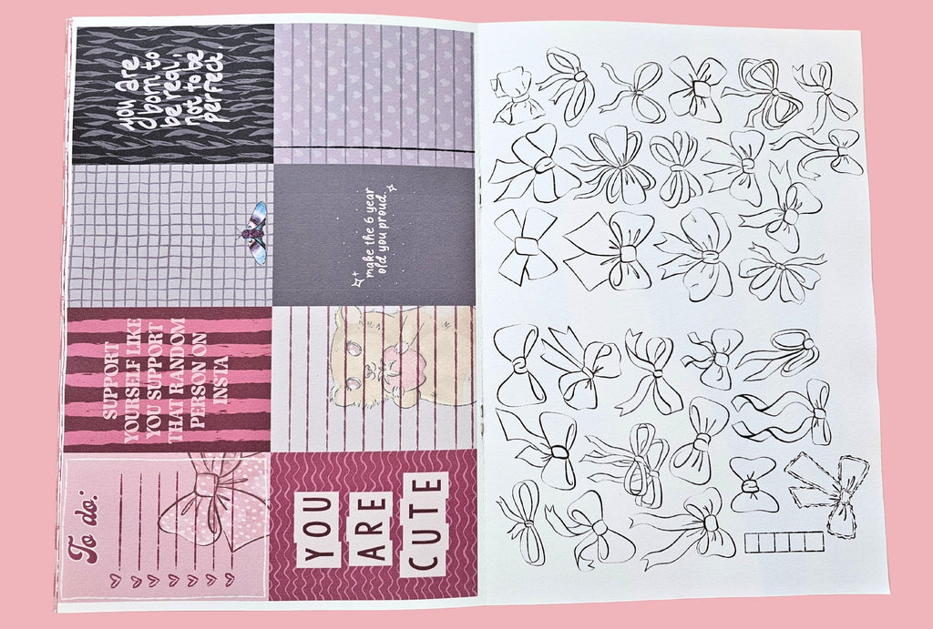 Two sheets of paper with eight different cards for your journal and a ribbon habit tracker