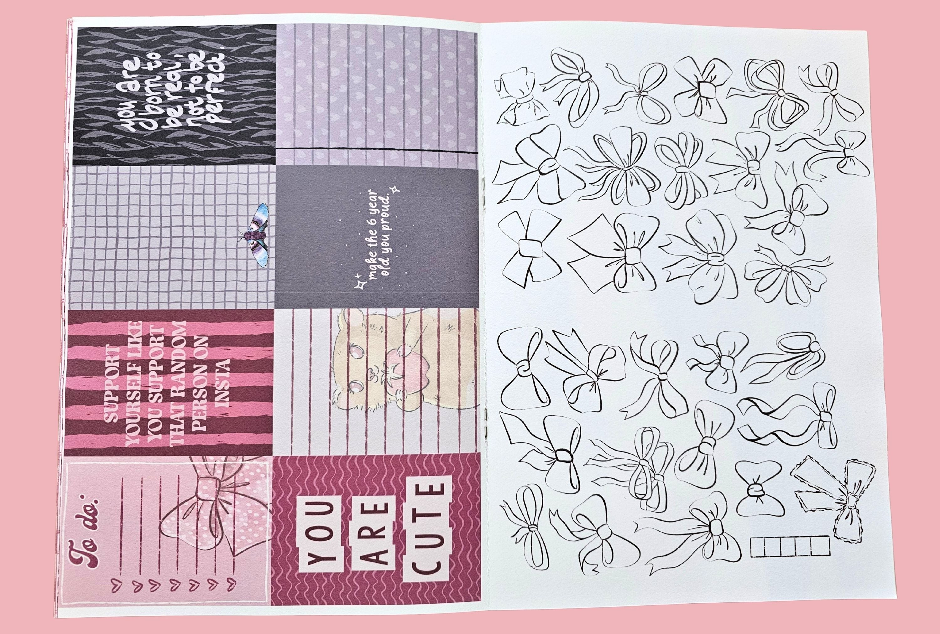 Two sheets of paper with eight different cards for your journal and a ribbon habit tracker