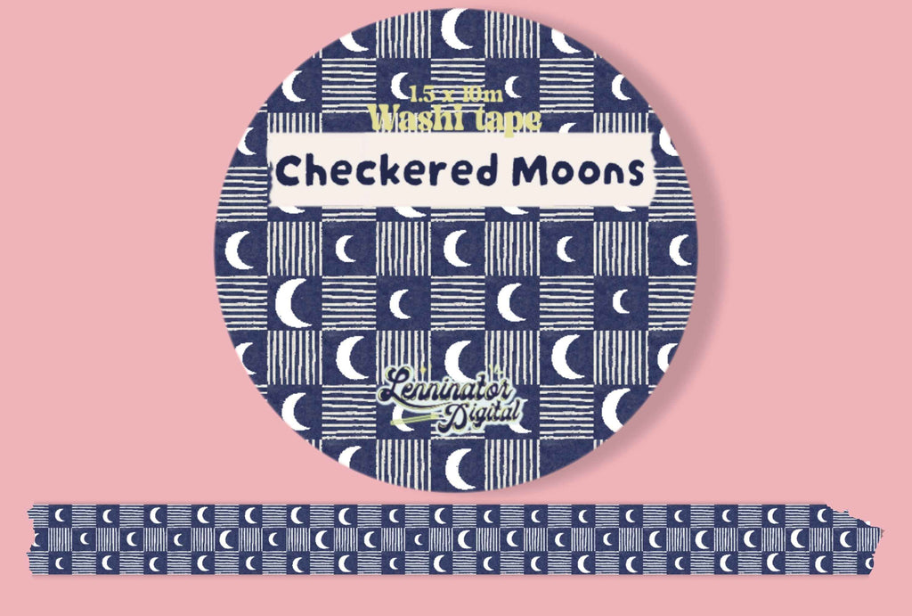 A roll of decorative washi tape with a navy blue and white checkered moon pattern, shown with a circular package label and a strip of the tape on a solid pink background.