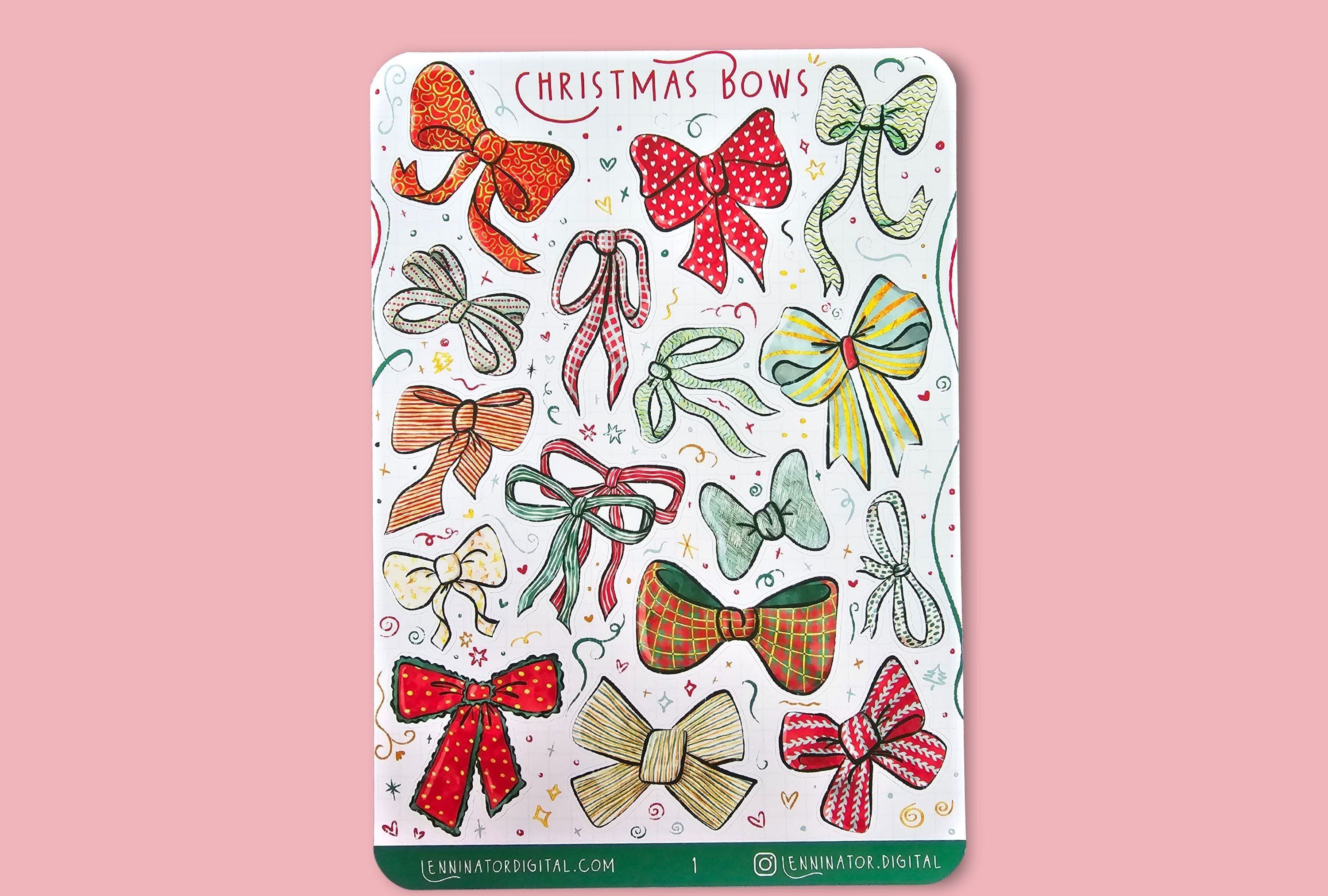 Christmas themed Bows in colors green, red, white with golden details.