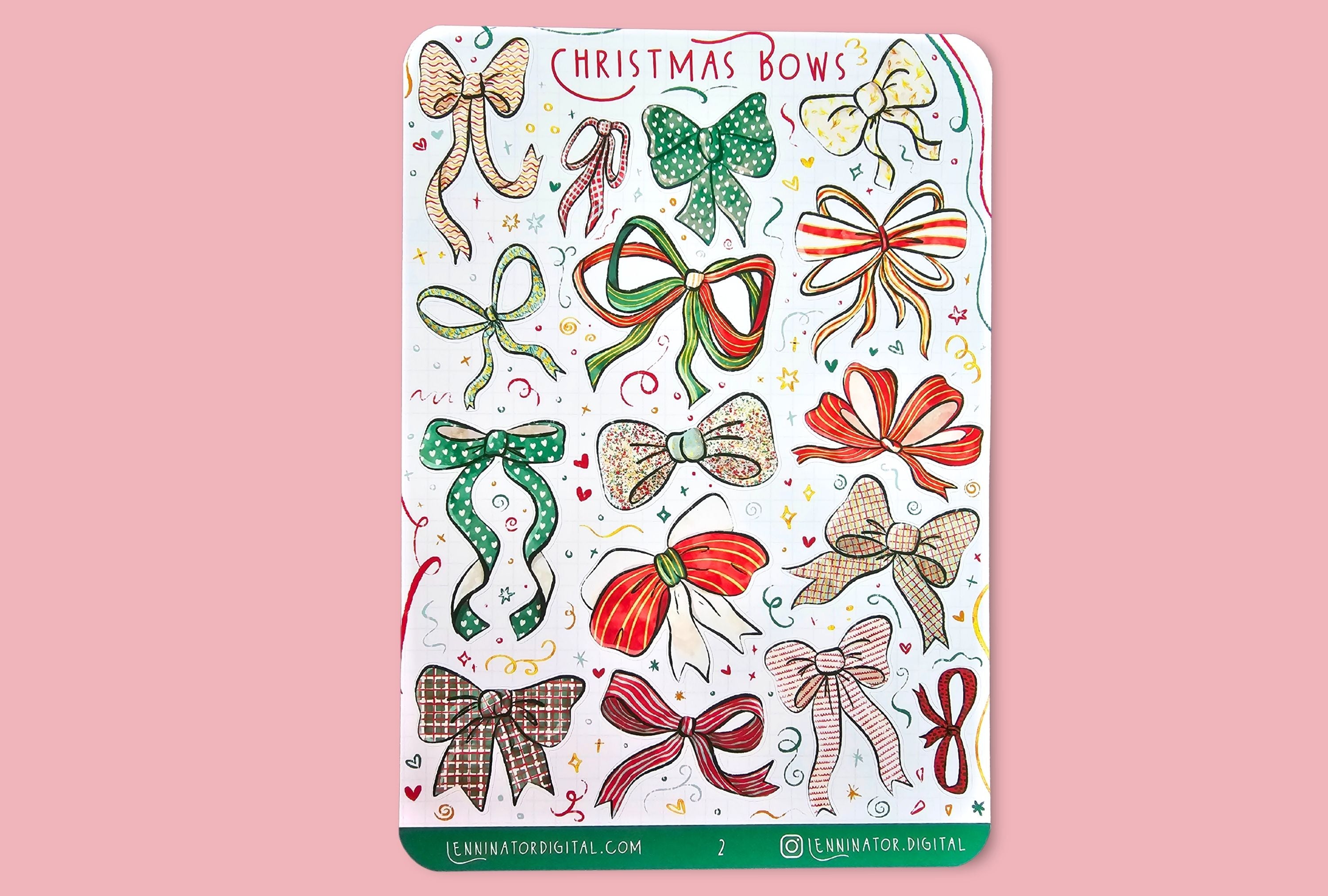 Sheet of Christmas-themed decorative bows stickers on a white surface with festive decorations.