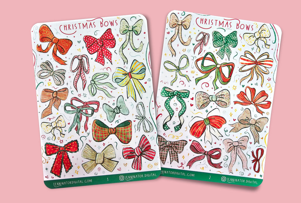 Two sheets of Christmas bow stickers on a textured surface