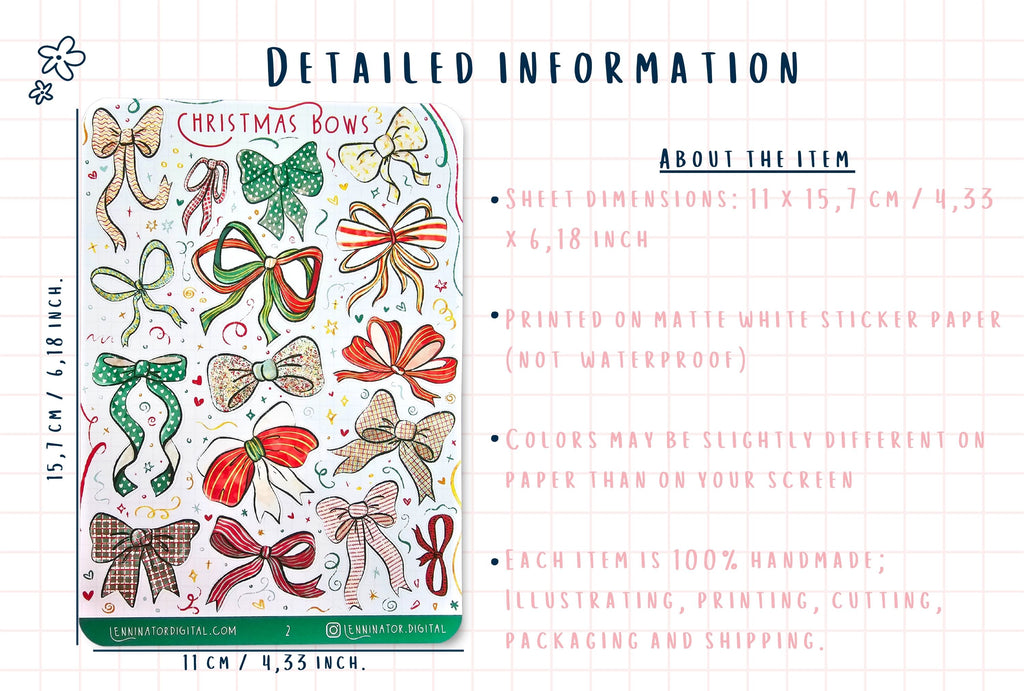 Sheet of Christmas-themed decorative bows with dimensions and material details.