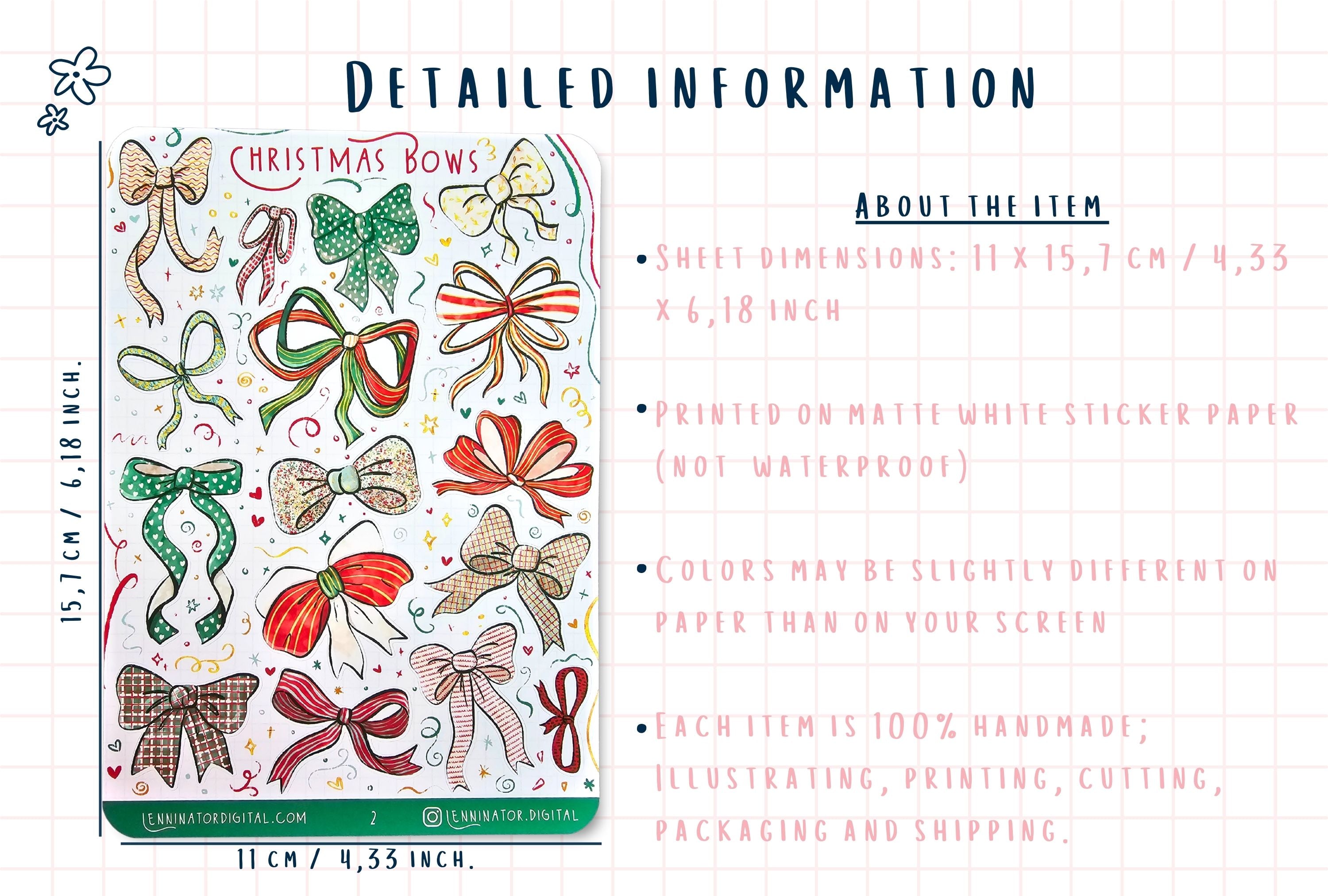 Sheet of Christmas-themed decorative bows with dimensions and material details.