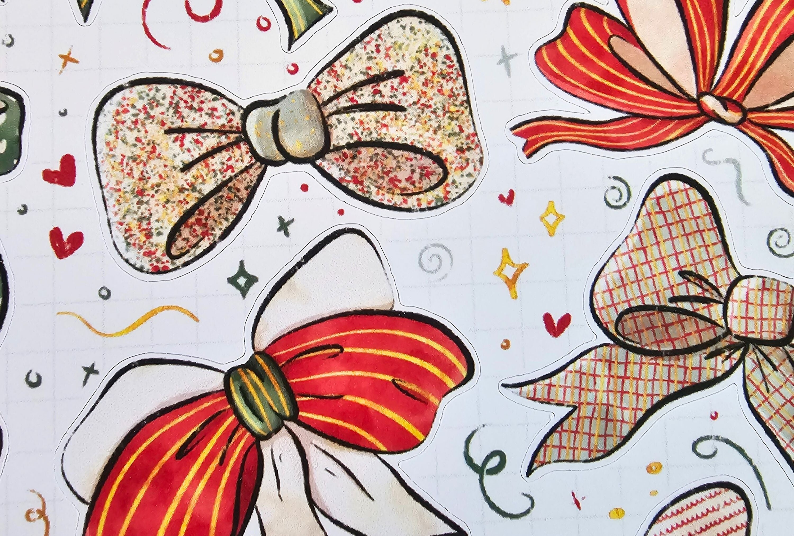 Illustrations of colorful bows and decorative elements on a light gray background