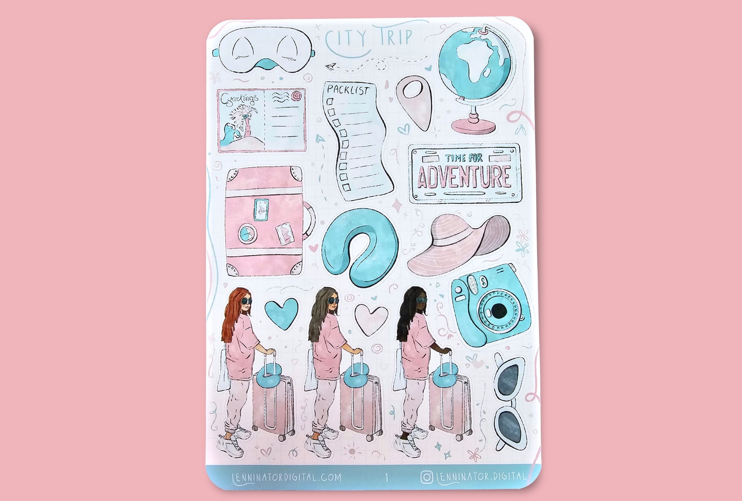 Sheet of travel-themed stickers with people, suitcases, and other elements on a wooden surface with a camera and starfish.
