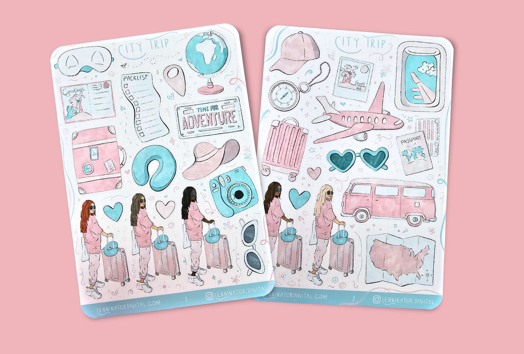Two sticker sheets with travel-themed illustrations on a soft surface
