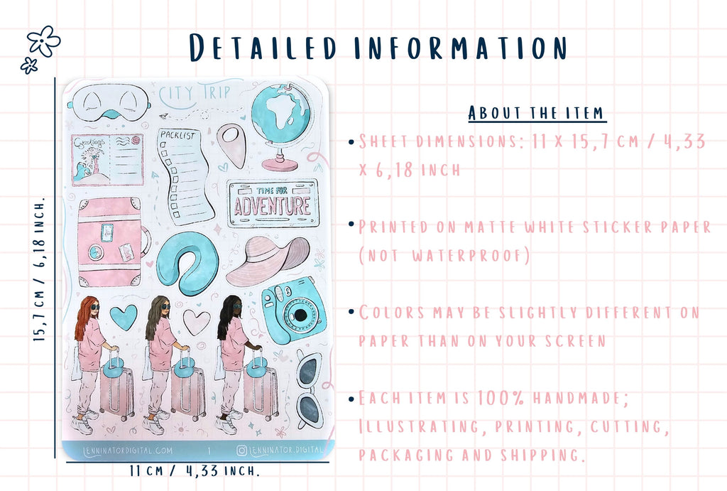 Sheet of travel-themed stickers with dimensions and material details.