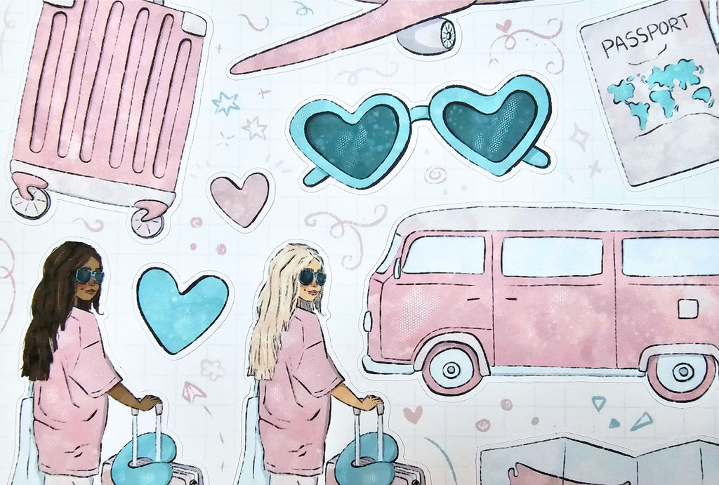 Illustration of two women with pink luggage, a pink van, and heart-shaped sunglasses.
