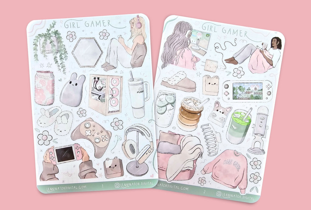 Set of two cozy girl gamer sticker sheets in girl gamer aesthetics and soft pastel colors. Contains illustrations of Gaming Girls, drinks, pc, controller, console, matcha, iced latte coffee, cucumber drink, cozy chair, sweater, hair clip, cute slippers, cute keycaps flowers and more cozy gaming essentials.