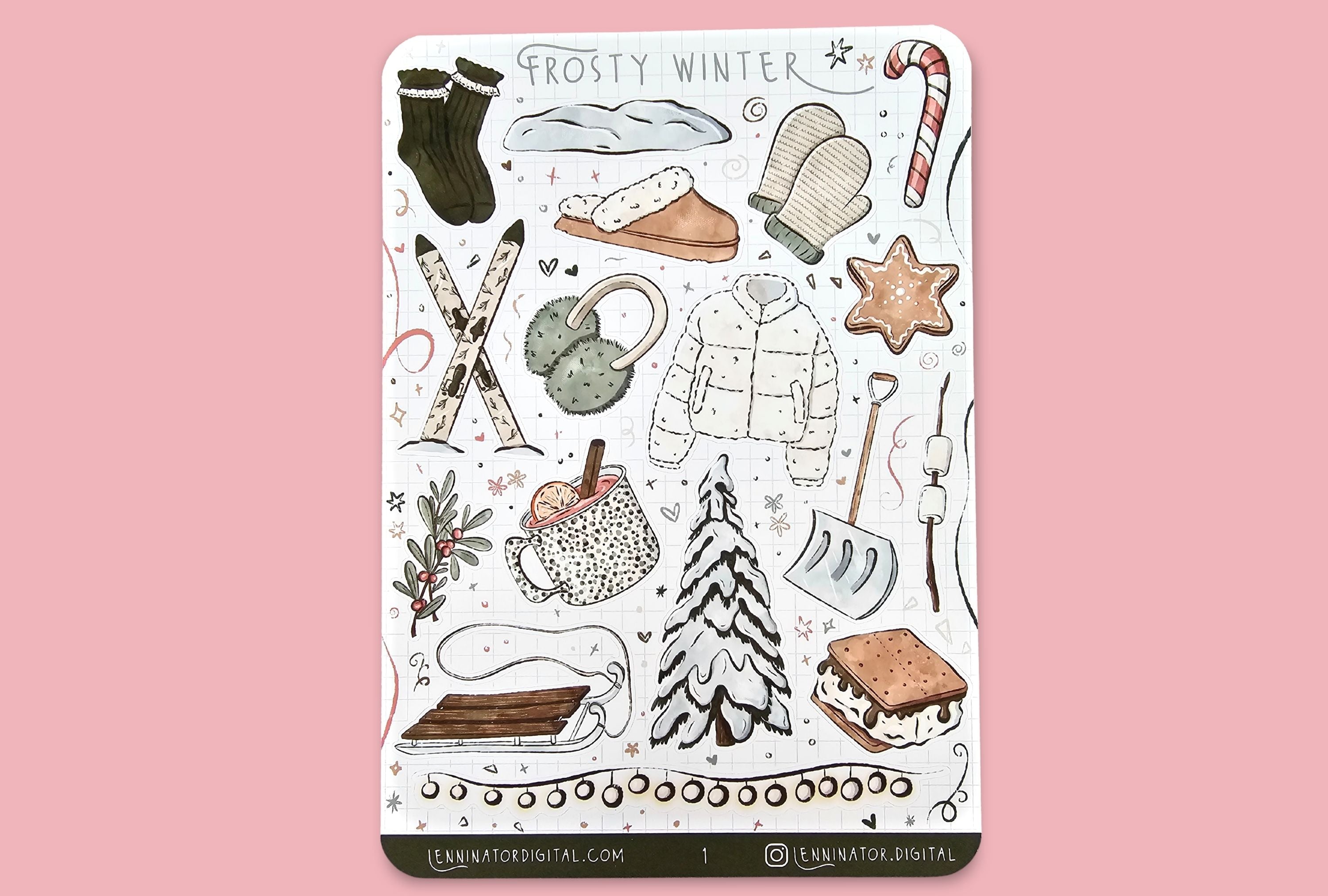 Frosty Winter-themed stickerswith illustrations on a brown background