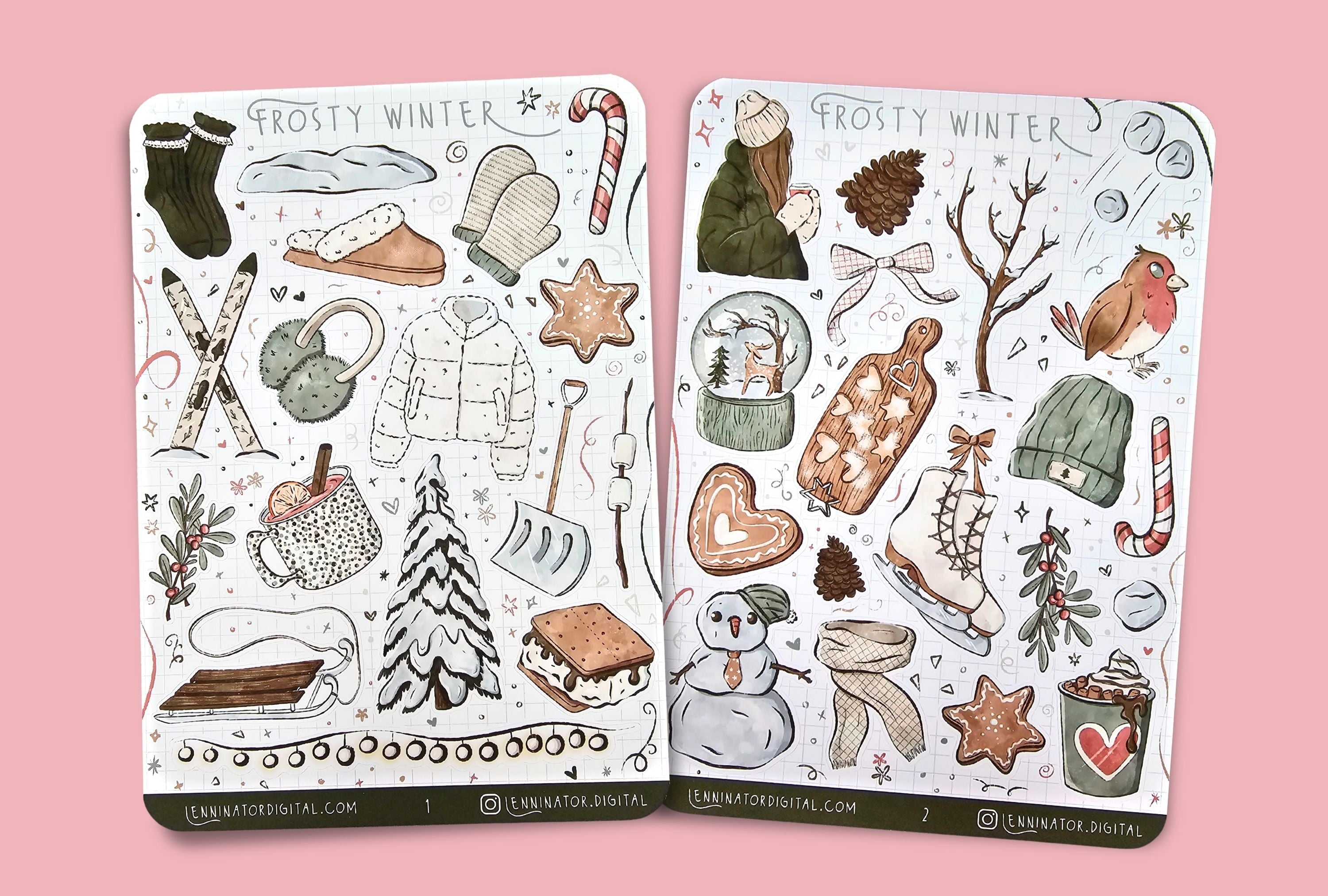Two sheets of 'Frosty Winter' themed stickers on a textured surface. Clean Girl aesthetics. Cozy snew activities in colors green, brown, beige, white and touches of red.