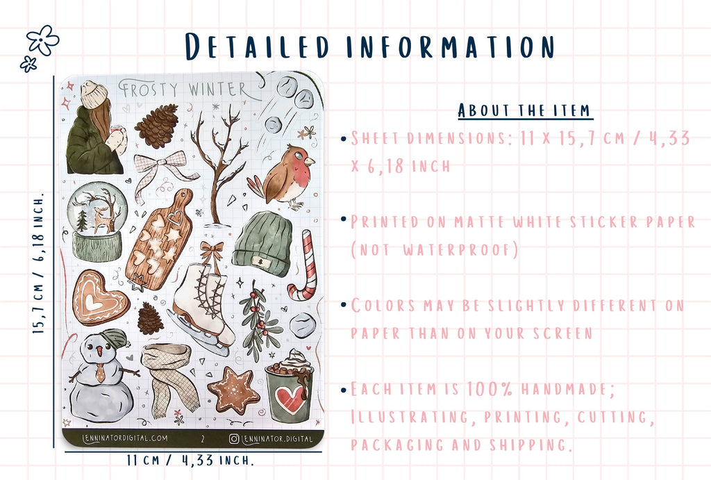 Frosty Winter sticker sheet with dimensions and material details on a white background